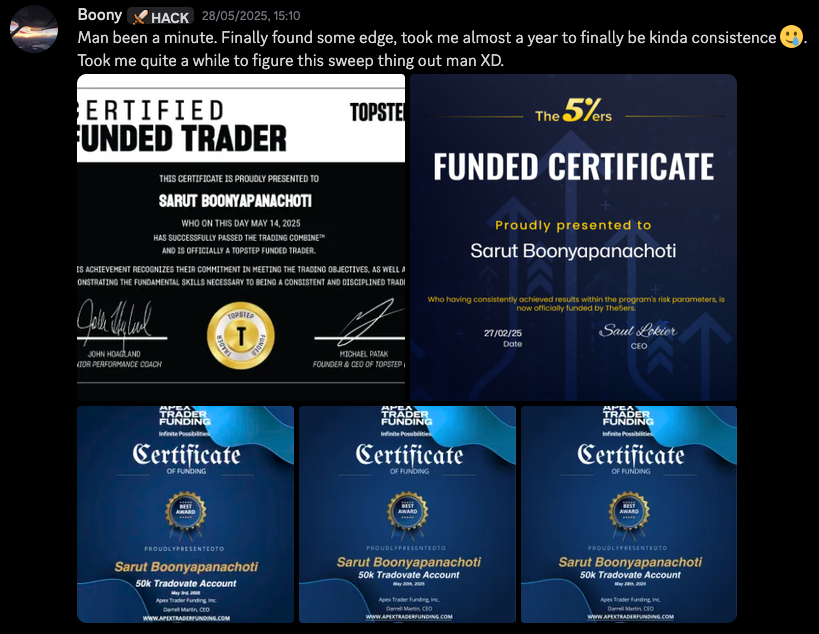Message from Boony with funded certificates from Topstep, The 5%ers and Apex.