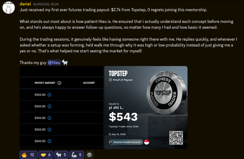 Message from daniel in the community Discord about his first Topstep payout, with payout screenshots.
