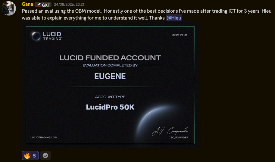 Message from Gana about passing an evaluation with the OBM model, with a Lucid funded account certificate.