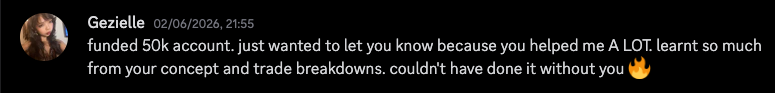 Message from Gezielle about a funded 50k account and thanking Hieu for the concepts and trade breakdowns.